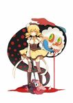  beret blonde_hair blood boots brown_legwear charlotte_(madoka_magica) corset cup detached_sleeves drill_hair fingerless_gloves gloves gun hair_ornament hairpin hat highres knee_boots magical_girl magical_musket mahou_shoujo_madoka_magica maki_(maki88) no_nose pleated_skirt puffy_sleeves ribbon rifle shirt skirt striped striped_legwear taut_clothes taut_shirt teacup tears thighhighs tomoe_mami tongue twin_drills twintails vertical-striped_legwear vertical_stripes weapon yellow_eyes zettai_ryouiki 