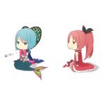  argyle armor bow chibi expressionless fusion high_collar magical_girl mahou_shoujo_madoka_magica mermaid miki_sayaka monster_girl monsterification multiple_girls music oktavia_von_seckendorff ponytail sakura_kyouko scales simple_background sitting spoilers thighhighs tsuzuya_(knt31) white_background 