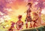  5girls animal_ears armor bad_id bad_pixiv_id cloud fantasy floating_island from_behind grass hakou_(barasensou) hat lime_odyssey looking_back mouse_ears mouse_tail multiple_girls nature ornate scenery short_hair sitting sunset sword tail twilight weapon wizard_hat 
