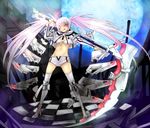  :q black_rock_shooter black_rock_shooter_(game) eiji_(eiji) red_eyes scythe shorts solo thighhighs tongue tongue_out twintails white_hair white_rock_shooter 