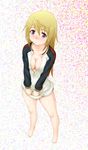  barefoot blonde_hair blush bottomless breasts charlotte_dunois cleavage infinite_stratos jacket kesuida large_breasts long_hair naked_track_jacket no_bra purple_eyes solo track_jacket 