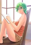  book breasts female glasses green_eyes green_hair indoors kanata_daiki original short_hair shorts sitting smile solo 