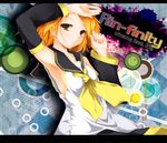  arm_up armpits blonde_hair blush detached_sleeves hair_ornament hairclip jum_(parallel_parasol) kagamine_rin letterboxed light_smile looking_at_viewer smile solo upper_body vocaloid yellow_eyes 