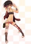  argyle argyle_legwear asymmetrical_clothes bikini_tan boots bracelet brown_eyes brown_hair checkered checkered_background cross-laced_footwear digital_media_player flat_chest headphones jacket jewelry navel open_mouth original panties short_hair short_shorts shorts smile solo striped striped_legwear striped_panties tan tanline thighhighs toudou_charo underwear 