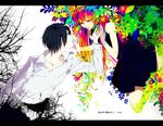  1girl akiakane black_hair colorful couple dress flower gradient_hair hair_flower hair_ornament hand_on_another's_cheek hand_on_another's_face hands hetero highres leia_(vocaloid) letterboxed light_smile long_hair md5_mismatch megurine_luka multicolored multicolored_eyes multicolored_hair pink tears translated tree vocaloid 