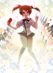  :d akabane_iori blush handheld_game_console kneehighs kyou_ami! light open_mouth plaid playstation_portable porurin red_eyes red_hair school_uniform smile solo star twintails 