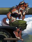  anklet bandanna barefoot bracelet breasts brown_hair canine claws dingo dog ear_piercing earring female green_eyes hair jewelry mechanic military outside piercing shorts smoking solidasp solo spanner tank toe_ring tools 