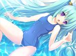 aqua_hair bell ezekiel_(osananajimi_wa_daitouryou) game_cg long_hair one-piece_swimsuit osananajimi_wa_daitouryou purple_eyes school_swimsuit short_twintails solo spread_legs swimsuit thighs twintails two_side_up 