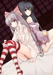  back-to-back bare_shoulders barefoot black_hair bow brown_eyes dutch_angle fujiwara_no_mokou hair_bow hair_ribbon houraisan_kaguya long_hair multiple_girls open_clothes panties red_eyes ribbon silver_hair sitting sliding_doors striped striped_legwear striped_panties thighhighs touhou underwear utakata_(kochou_no_yume) 