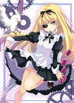  alice_in_wonderland bare_legs bird blonde_hair blue_eyes card eyepatch gears gintarou_(kurousagi108) highres long_hair mouth_hold outstretched_arm playing_card solo yami_alice 