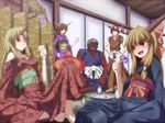  3girls alcohol barefoot food horn horns hoshiguma_yuugi ibuki_suika japanese_clothes katana multiple_boys multiple_girls oni ryosios sake sword touhou weapon 