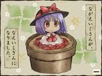  ascot bow comic hat hat_bow nagae_iku pot pote_(ptkan) purple_hair red_eyes soil solo touhou translated 