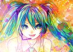  bad_id bad_pixiv_id bare_shoulders bonnou-s-rice colorful face green_eyes green_hair hatsune_miku headset highres long_hair looking_at_viewer open_mouth paint_splatter smile solo traditional_media upper_body vocaloid watercolor_(medium) 