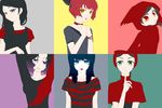  akago_(muhyun) black_eyes black_hair blue_eyes brown_hair carmen_(the_path) ginger_(the_path) green_eyes multiple_girls orange_eyes purple_eyes purple_hair red_hair robin_(the_path) rose_(the_path) ruby_(the_path) scarlet_(the_path) shirt siblings sisters striped striped_shirt the_path yellow_eyes 