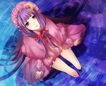  absurdres bare_legs crescent from_above hat highres long_hair looking_up mebo patchouli_knowledge purple_eyes purple_hair sitting solo touhou water 