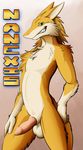  countershading green_eyes hands_on_hips male nude penis sergal shiuk solo yellow yellow_fur 