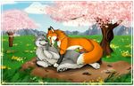  arto canine cherry_blossom cutefox feral flower fox josepaw lying male mammal non-anthro on_side outside rose sheath tree wolf wood 