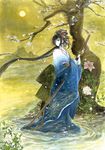  acrylic_paint_(medium) black_hair flower highres japanese_clothes kimono kimonohime long_hair obi ootachi original petals sash sheath sheathed solo standing sword traditional_media tree very_long_hair wading water weapon 