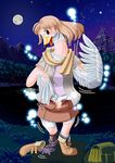  1girl bag beak bird blush boots brown_hair clothing edmol feather feathers full_moon furry grass lake moon mountain nature neck night night_sky original pants red_eyes scarf shaking shoes skirt sky sock socks solo star_(sky) swan sweat torn_clothes transformation tree wings 