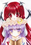  :&lt; :d bad_id bad_pixiv_id bat_wings blush book crescent hat head_wings kirihara_natsuki koakuma long_hair marker_(medium) millipen_(medium) multiple_girls open_mouth patchouli_knowledge purple_eyes purple_hair red_eyes red_hair smile touhou traditional_media wings 