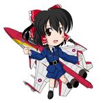  aircraft airplane black_hair blush_stickers hair_ornament hair_ribbon hakurei_reimu jet jpeg_artifacts military military_uniform missile necktie no_nose ribbon sakurato_tsuguhi simple_background solo touhou uniform 