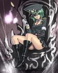  black_panties boots gloves green_eyes green_hair hands hat highres houtengeki military military_uniform panties shiki_eiki short_hair sitting solo touhou underwear uniform white_gloves 