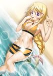  beach bikini blonde_hair blush braid breasts charlotte_dunois cleavage infinite_stratos kouun legs lens_flare long_hair lying medium_breasts on_back purple_eyes single_braid solo swimsuit water wet 