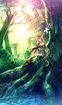  blonde_hair blue_eyes bridal_gauntlets column forest helmet highres leg_hug light_rays light_smile long_hair nature outdoors pillar polearm riesz ruins seiken_densetsu seiken_densetsu_3 sitting solo sunakumo sunbeam sunlight trident very_long_hair weapon winged_helmet 