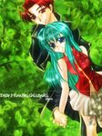  aqua_hair blue_eyes blue_hair couple eirika fire_emblem fire_emblem:_seima_no_kouseki fire_emblem_sacred_stones from_behind grass green hand_holding happy knight long_hair love open_mouth princess red_eyes red_hair seth short_hair skirt smile tree 