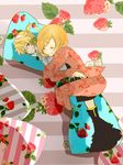  1girl aine_(haibane) bad_id bad_pixiv_id bed blonde_hair blush brother_and_sister closed_eyes dakimakura_(object) flower food food_print fruit green_eyes hair_ornament hairclip headphones headset highres hug kagamine_len kagamine_rin pajamas pillow pillow_hug ponytail short_hair short_ponytail siblings sleeping smile strawberry strawberry_blossoms strawberry_print twins vocaloid 