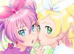  blonde_hair blue_eyes bow cheek-to-cheek choker cure_melody cure_rhythm earrings eyelashes green_eyes hair_bow houjou_hibiki imminent_kiss jewelry magical_girl minamino_kanade multiple_girls pink_bow pink_hair precure suite_precure ueyama_michirou white_choker 