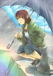  633b brown_eyes brown_hair cat denim green_shirt hand_in_pocket highres jeans ledge legs lipstick makeup ocean original pants rain rainbow shirt shoes sneakers socks solo squatting striped striped_legwear sweater umbrella unzipped wet 