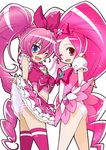  blue_eyes bow choker cure_blossom cure_melody hair_ribbon hanasaki_tsubomi heartcatch_precure! houjou_hibiki long_hair magical_girl multiple_girls one_eye_closed open_mouth panties pink pink_bow pink_choker pink_eyes pink_hair precure ribbon simple_background skirt skirt_lift suite_precure thighhighs twintails underwear yuuma_(skirthike) 