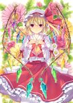  6u_(eternal_land) alternate_wings ascot blonde_hair flandre_scarlet flower hat pink_flower pink_rose red_eyes red_flower red_rose rose short_hair side_ponytail solo touhou wings yellow_flower yellow_rose 