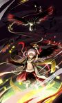  arm_up bird crow expressionless highres light long_hair midriff navel pixiv_fantasia pixiv_fantasia_5 pointing red_eyes solo white_hair wind wings zhao_shuwen 