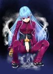  bad_id bad_pixiv_id belt blue_hair blush dildo full-length_zipper gloves ice kirishima_satoshi kula_diamond long_hair looking_down navel no_panties open_clothes pussy red_eyes smile solo spread_legs squatting the_king_of_fighters uncensored zipper 