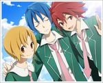  2boys agemaki_wako arm_around_shoulder bad_id bad_pixiv_id blonde_hair blue_hair blush brown_eyes closed_eyes cloud day green lens_flare looking_at_viewer minagawa multiple_boys necktie open_mouth red_eyes red_hair school_uniform shindou_sugata short_hair sky southern_cross_academy_uniform star_driver sweatdrop tsunashi_takuto waving 