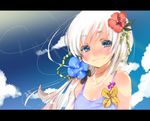  bad_id bad_pixiv_id blue_eyes child cloud dancho_(dancyo) day flower hair_flower hair_ornament highres letterboxed looking_at_viewer original sky smile solo white_hair 
