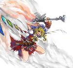  bad_id bad_pixiv_id belt blonde_hair cloud dress flandre_scarlet hat kneeling midriff nanban_teishoku necktie open_mouth red_eyes short_hair solo sword touhou weapon wings 