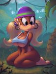  beanie black_eyes blonde_hair bottomless breasts cleavage donkey_kong_(series) donkey_kong_country earrings forest furry hat hoop_earrings jewelry large_breasts long_hair low_twintails nature nitro_(supernitro) older solo source_request spaghetti_strap tank_top tiny_kong twintails underboob 