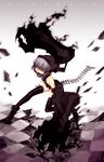  bad_id bad_pixiv_id black_rock_shooter highres hood hoodie kotarou_(raincoat) short_hair silver_eyes silver_hair solo strength_(black_rock_shooter) tail thighhighs 