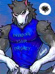  blue_eyes bottomless canine dialogue frustrated humbuged male muscles one_eye_closed scar shirt simple_background solo tight_clothing wolf zulf 