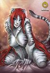  bed breasts chest_tuft feline female grin hair huge_breasts kneeling nude red_hair reiq ruff solo stripes tiger 