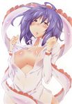  ahoge blush breasts cleavage highres large_breasts nagae_iku no_pants open_clothes open_mouth open_shirt purple_hair red_eyes shirt short_hair simple_background solo touhou ueda_eiji undressing upper_body white_background white_shirt 