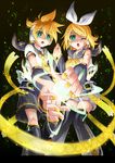  1girl arm_warmers bare_shoulders blonde_hair brother_and_sister detached_sleeves gongitsune_(gongitune2) green_eyes hair_ornament hair_ribbon hairclip headphones highres kagamine_len kagamine_len_(append) kagamine_rin kagamine_rin_(append) nail_polish one_eye_closed open_mouth ribbon short_hair shorts siblings thighhighs twins vocaloid vocaloid_append 