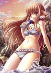  absurdres animal_ears bikini bottle brown_hair cloud drinking frilled_bikini frills front-tie_top highres long_hair navel original red_eyes shimokirin slit_pupils soaking_feet solo striped striped_bikini sunset swimsuit wading water water_bottle 