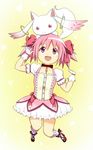  bad_id bad_pixiv_id blush bow bubble_skirt dress gloves hair_bow kaname_madoka kyubey magical_girl mahou_shoujo_madoka_magica open_mouth pink_eyes pink_hair shishamo_(scholacco) shoes short_hair short_twintails skirt smile twintails 