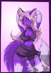  arctic-sekai big_breasts breasts canine cleavage female fox hair looking_at_viewer pink_hair purple raised_arm skirt solo standing stretch tail 