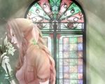  aerith_gainsborough bad_id bad_pixiv_id bracelet braid brown_hair cropped_jacket final_fantasy final_fantasy_vii flower green_eyes hair_ribbon jewelry kotubu long_hair ponytail ribbon single_braid solo stained_glass 