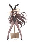  absurdres alternate_hairstyle animal_ears brown_eyes brown_hair bunny_ears bunnysuit highres long_hair onaya_masakazu pantyhose placard salute sign solo suzumiya_haruhi suzumiya_haruhi_no_shoushitsu suzumiya_haruhi_no_yuuutsu very_long_hair vulcan_salute 